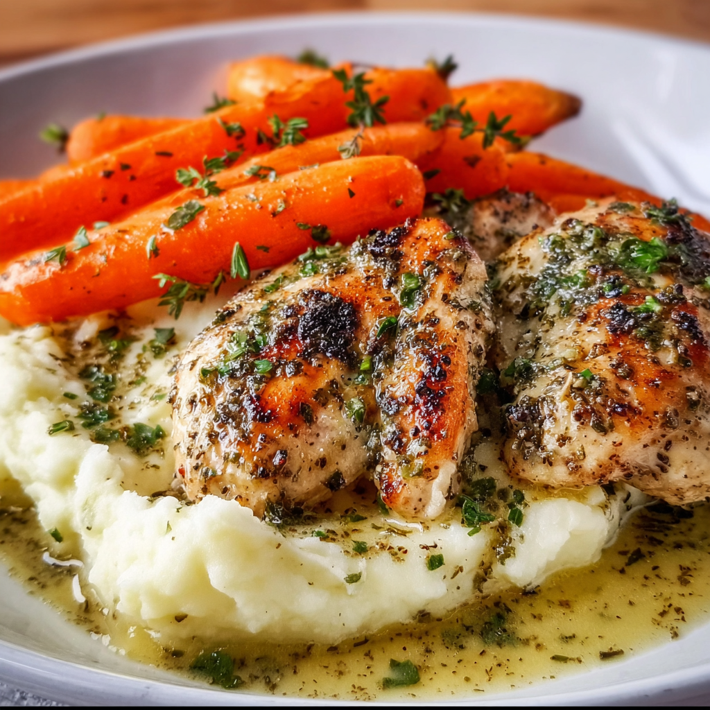 Garlic Herb Chicken with Creamy Mash & Roasted Carrots