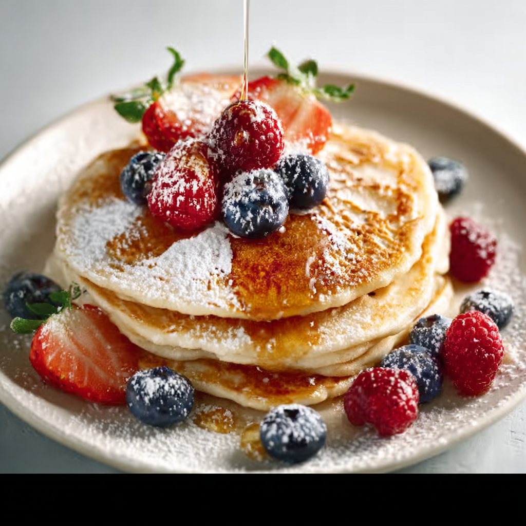Pancake batter being poured onto a hot skillet, showing bubbles forming on the surface