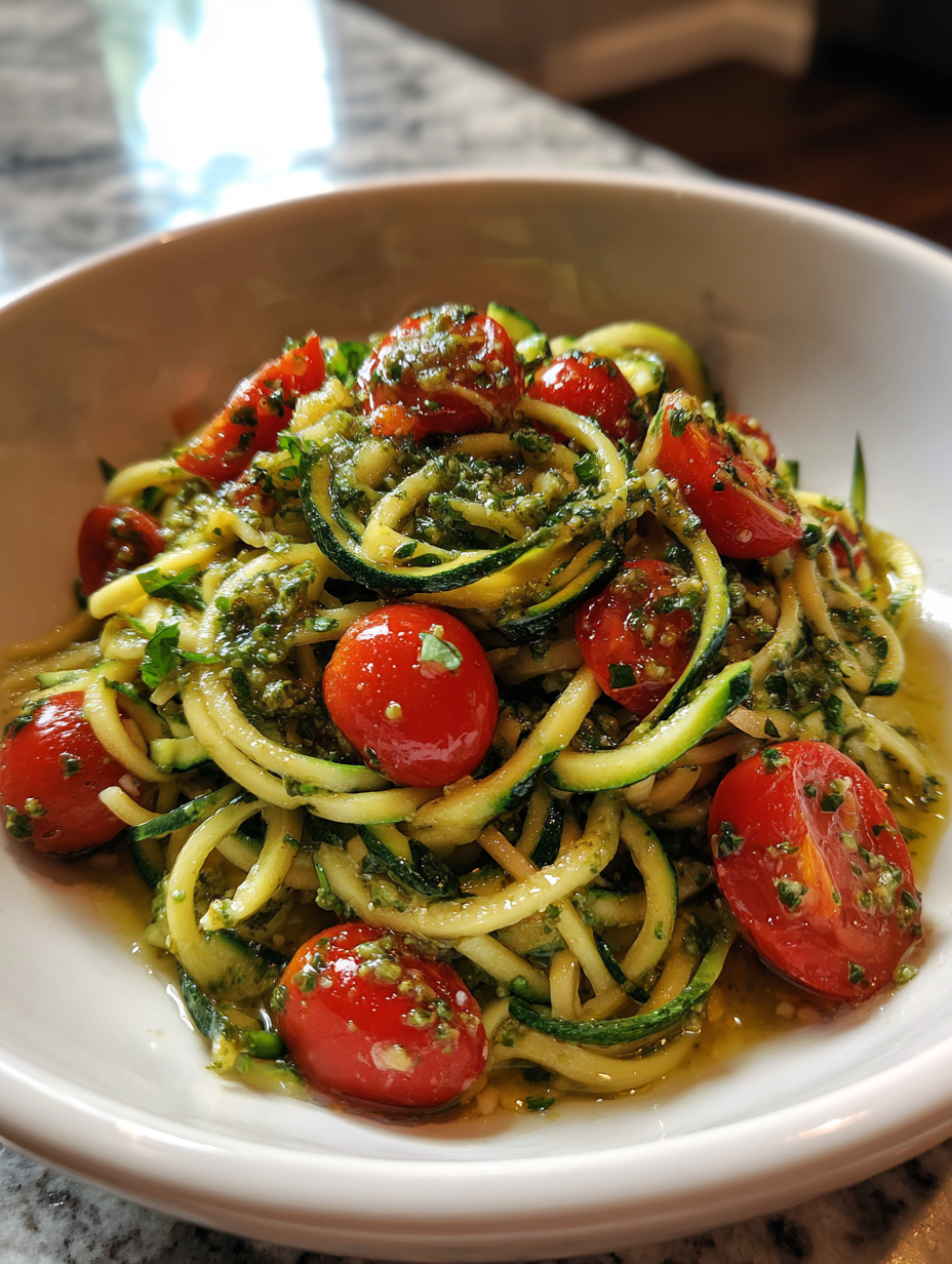 rezept mit zucchini: Einfache Zucchini-Nudeln mit Pesto und Kirschtomaten rezept mit zucchini