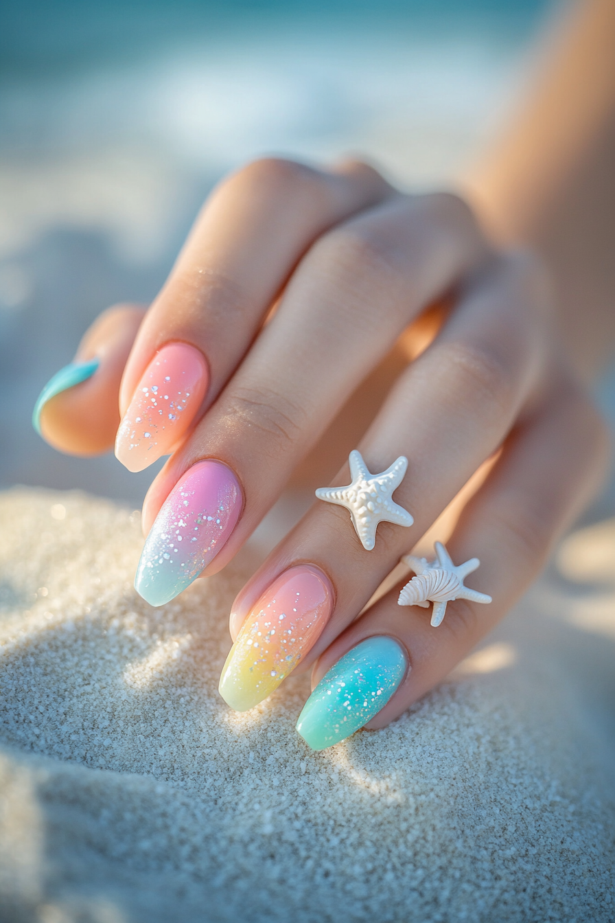 Colorful almond nails with beach-themed designs on a sandy background.