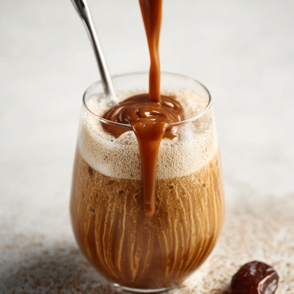 Pouring cold brew concentrate through a cheesecloth-lined strainer into a jar
