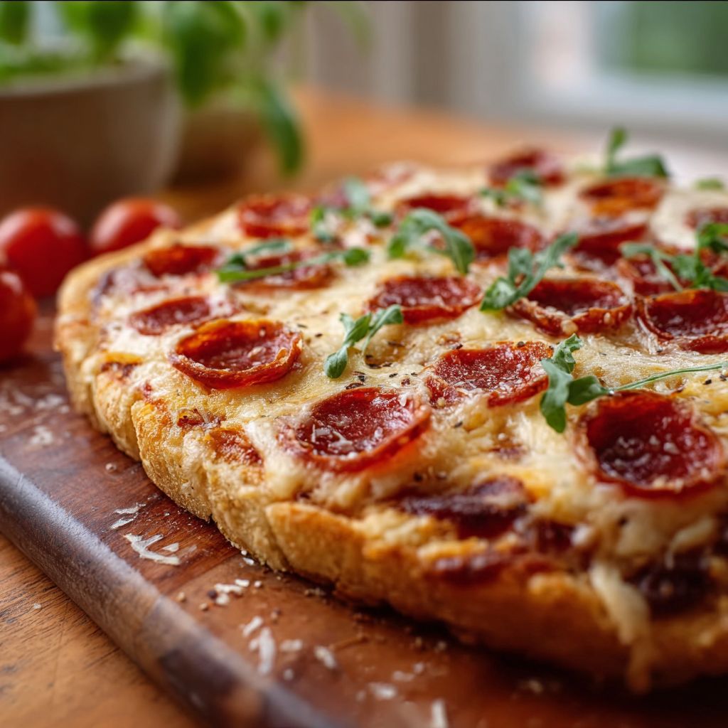 Rolling out gluten free pizza dough between two sheets of parchment paper with a rolling pin.
