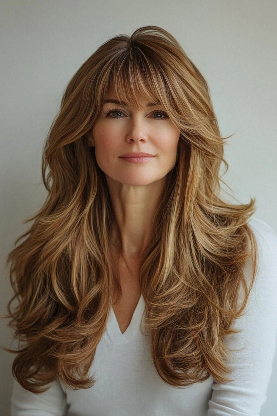 Beyond Expectations: 12+ Elegant Long Hairstyles for the Modern Woman Over 50. - 5. Long Layers with Bangs