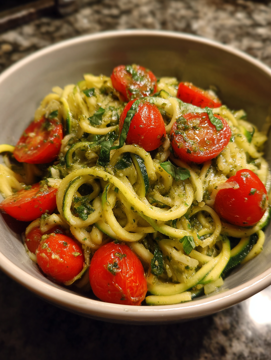 rezept von zucchini: einfache Zucchini-Nudeln mit Pesto und Kirschtomaten rezept von zucchini