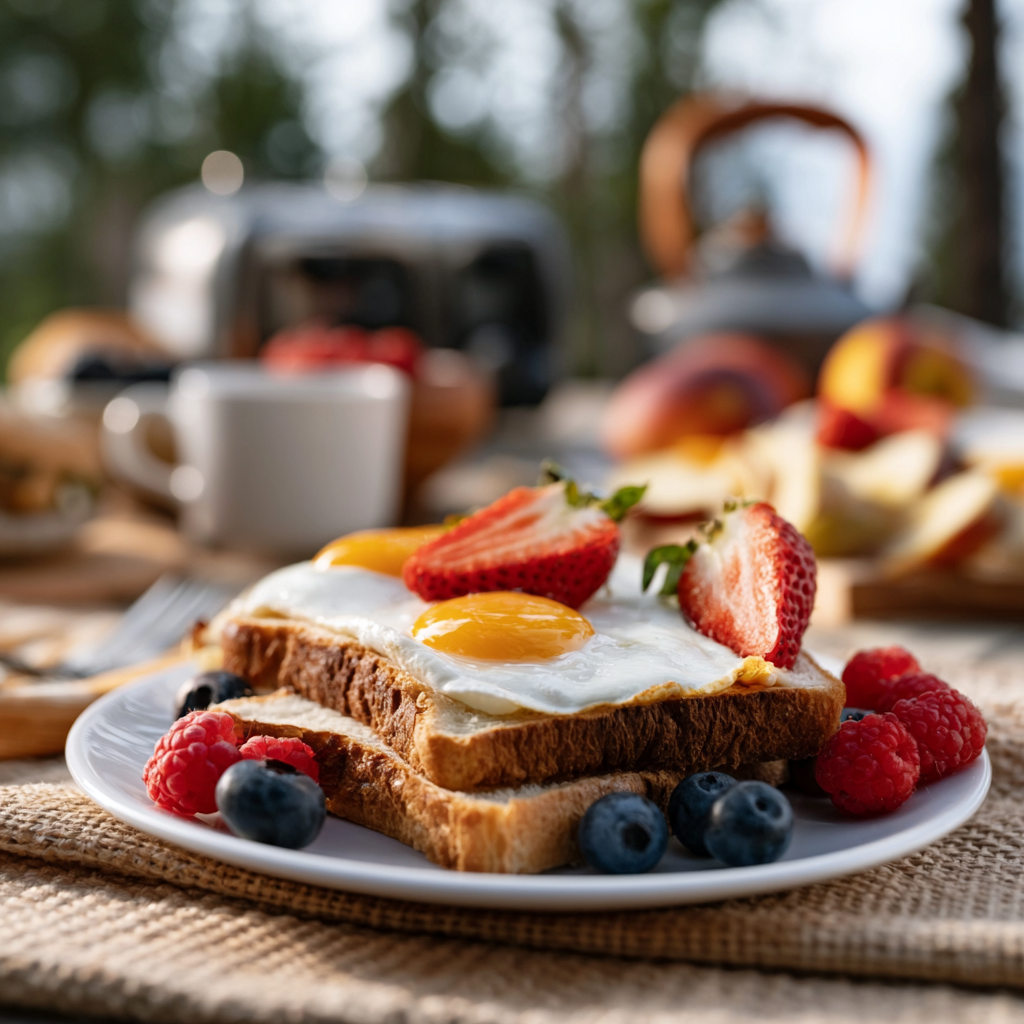 Hands folding a foil packet with eggs and bacon inside at a campsite table