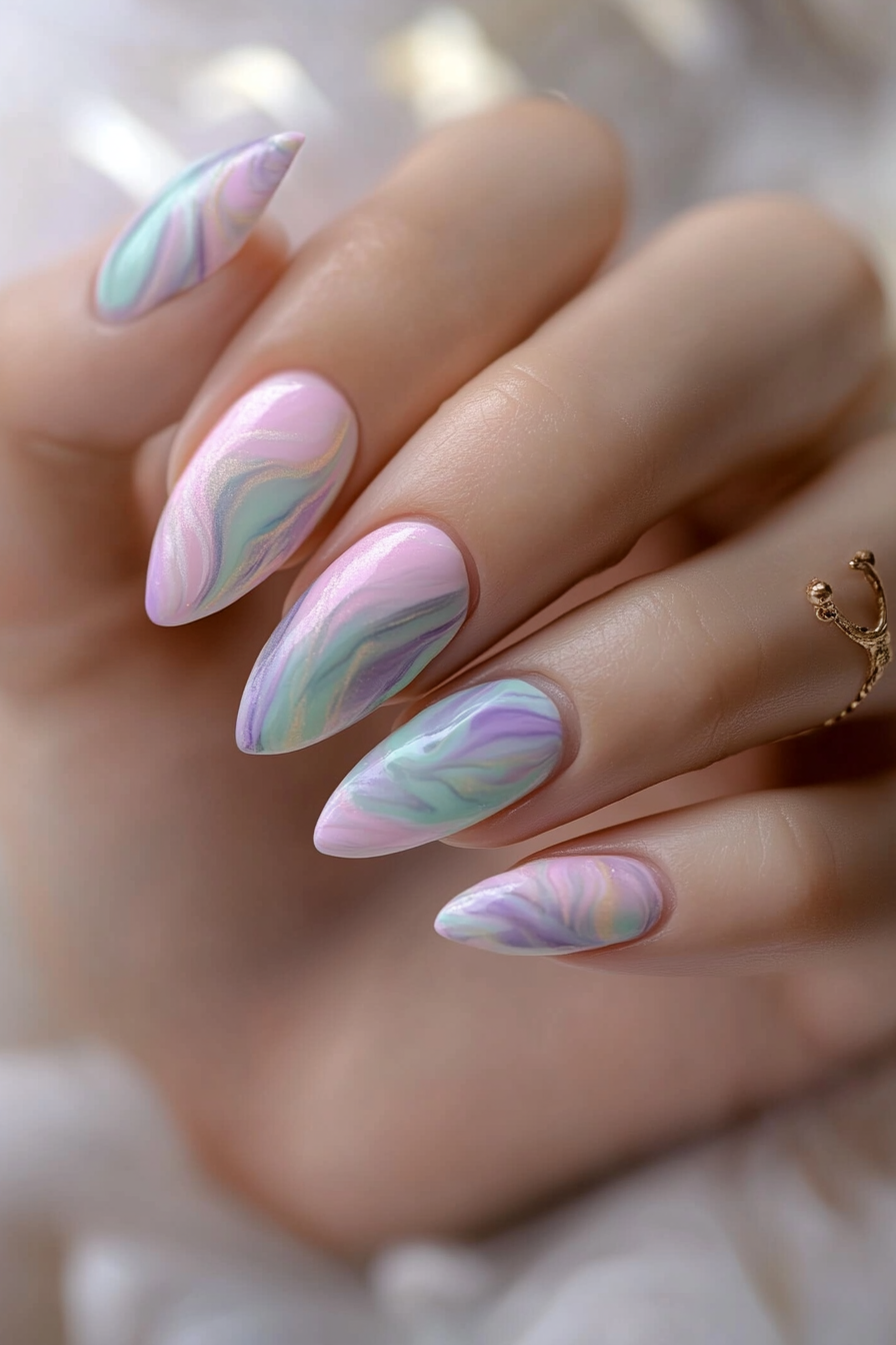 Marble effect almond nail design with brown swirls on a nude base on a marble surface