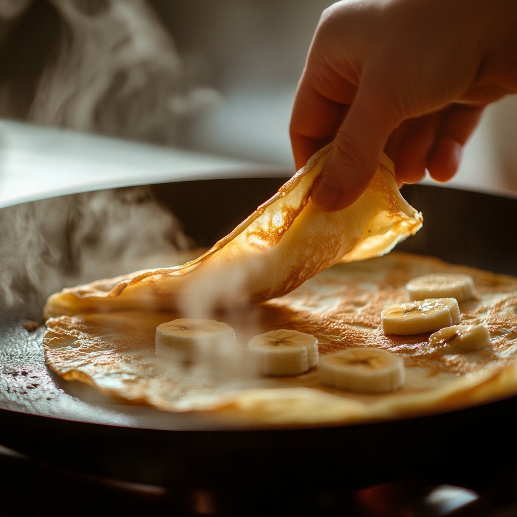 Crêpes-Teig wird dünn in einer Pfanne verteilt mit einem Holzrechen