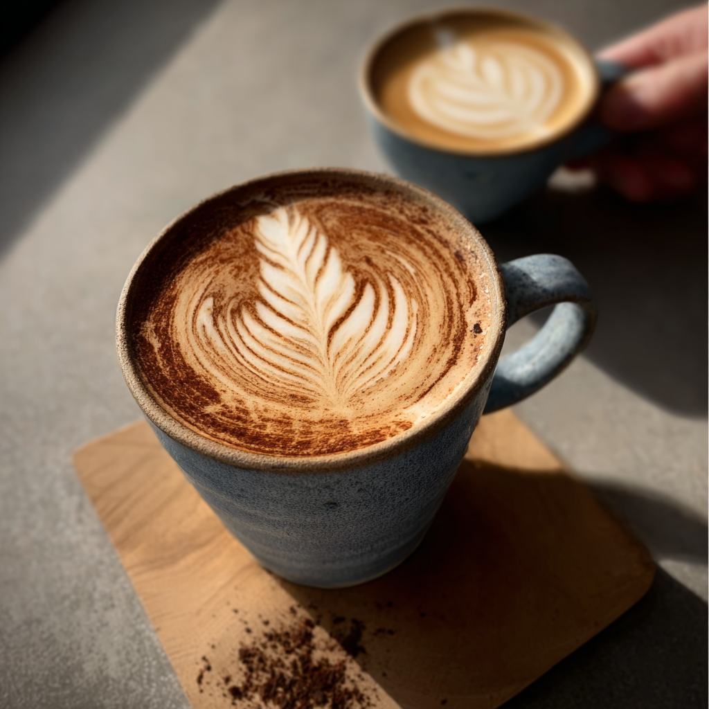 Stainless steel milk pitcher filled with steamed milk, showing glossy surface with no large bubbles