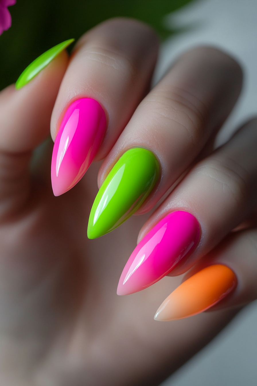 A hand showing off almond-shaped nails with bold neon accents in pink and green, glowing under black light.