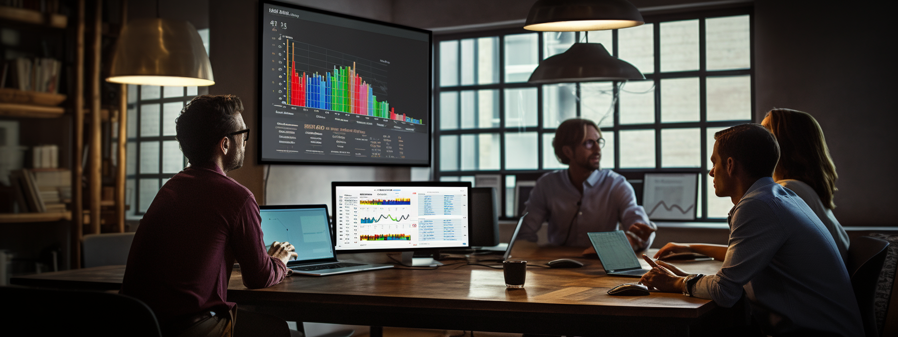 A team of people in an office working on laptops discussing automated reporting.