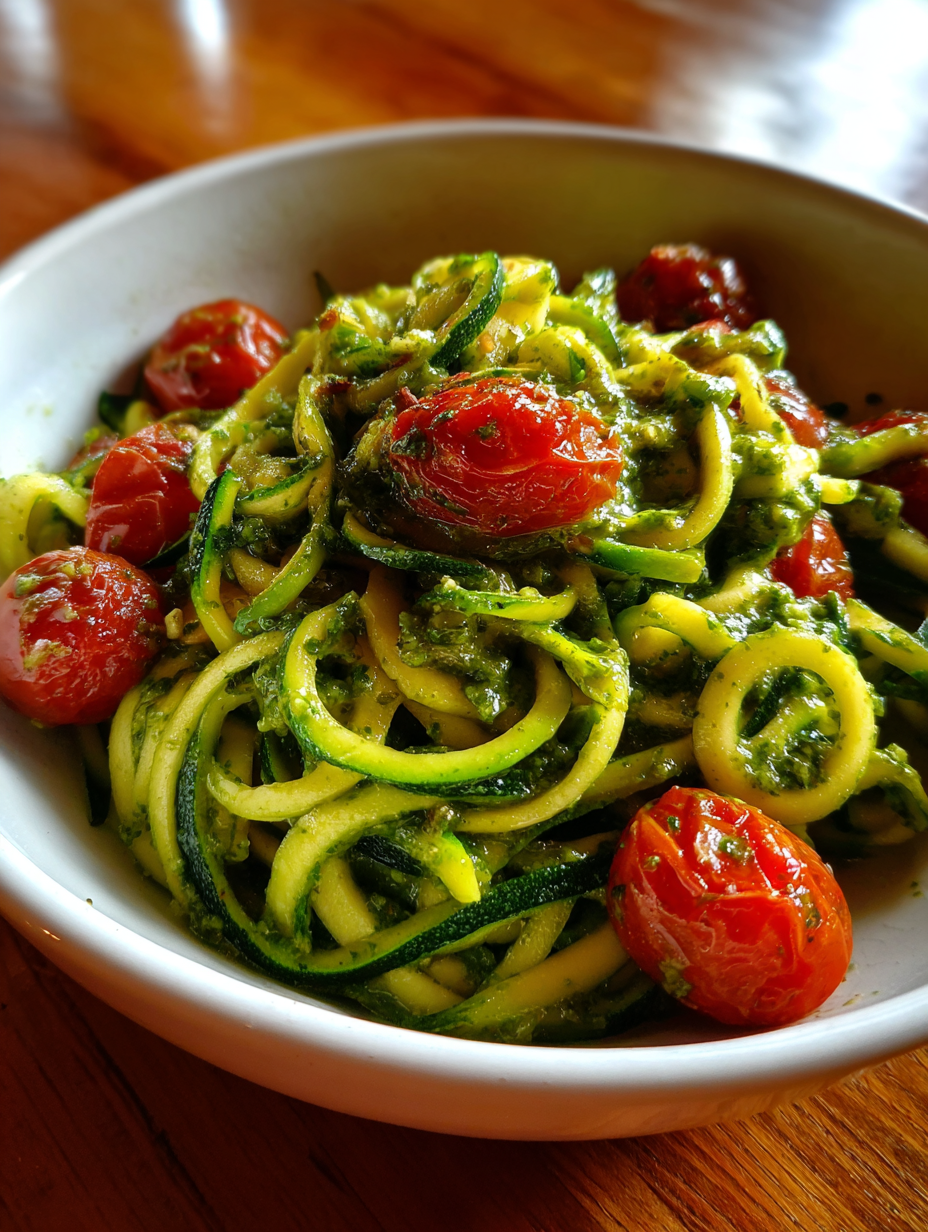 zucchini rezepte schnell: köstliche Zucchini-Nudeln mit Pesto und Kirschtomaten zucchini rezepte schnell