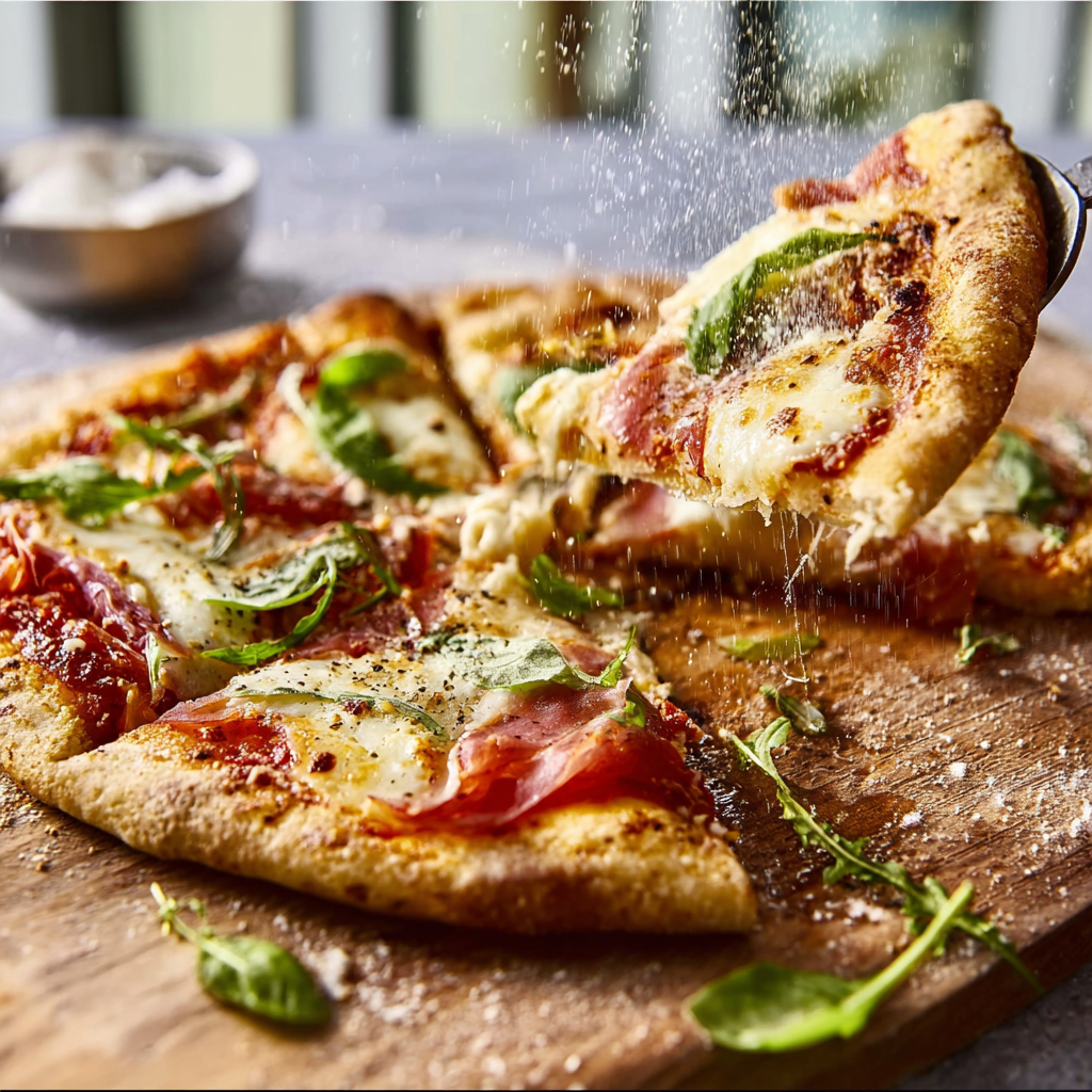 Gluten free pizza dough being rolled out on a floured surface with a rolling pin