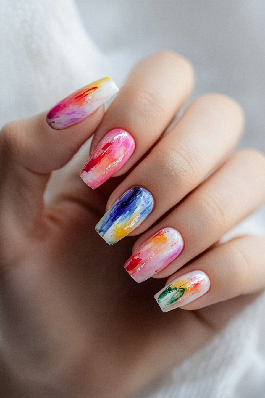 Two almond-shaped nails in orange and red colors with colorful brush strokes in the background