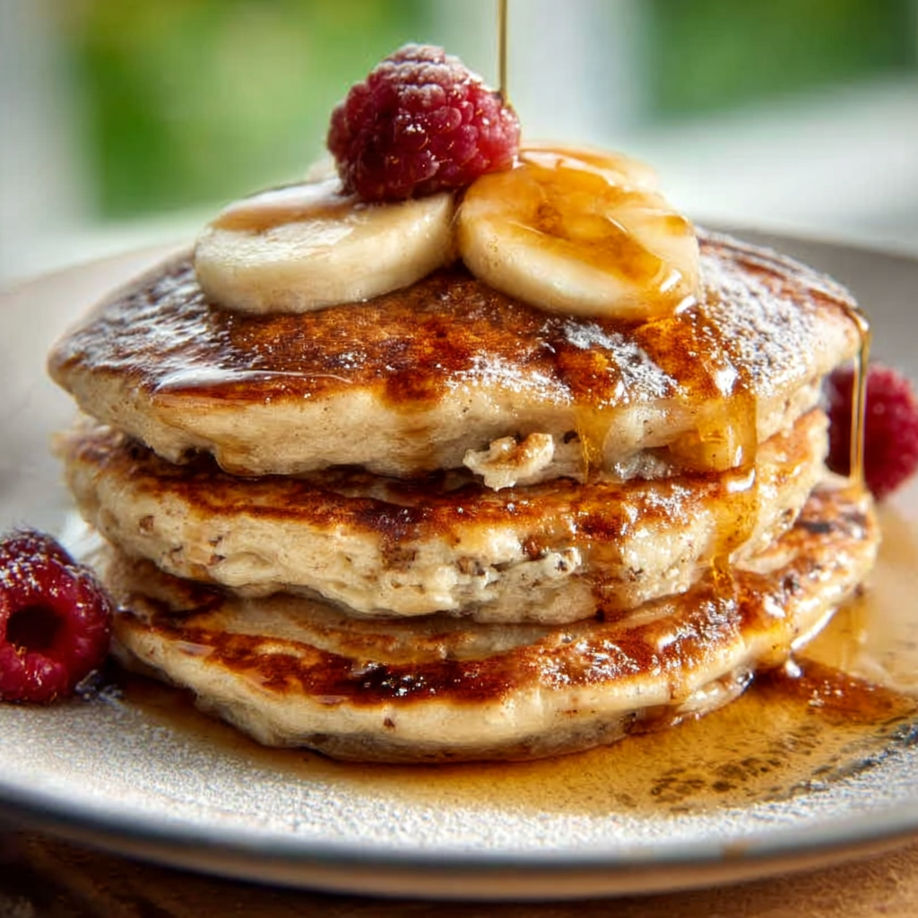 Pouring pancake batter onto a heated non-stick skillet, bubbles forming on the surface