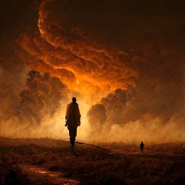 Prompt: silhouette of man in foreground walking towards inferno high detail realistic atmospheric dramatic lighting ar 16.9
