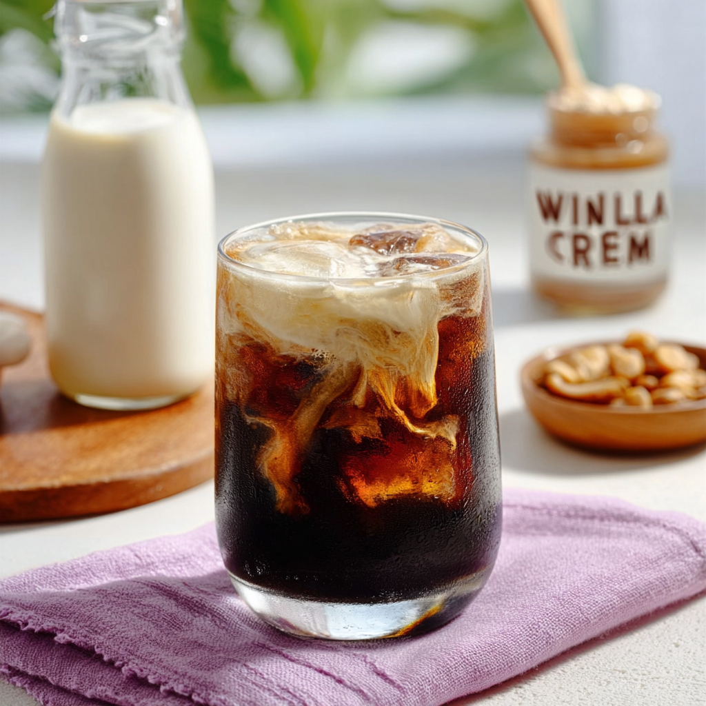 Straining cold brew through a cheesecloth into a glass pitcher