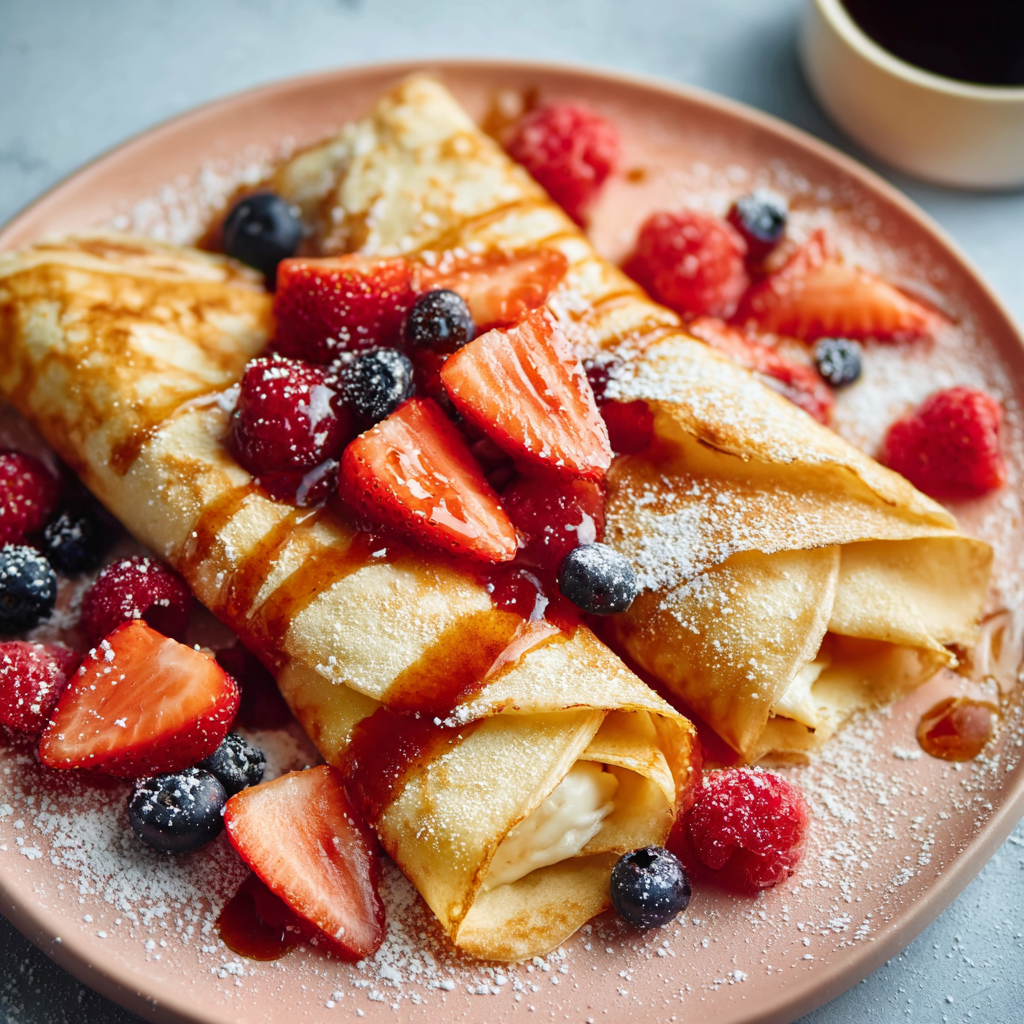 Pouring gluten free crepe batter into a hot non-stick skillet, tilting the pan to spread it thin.