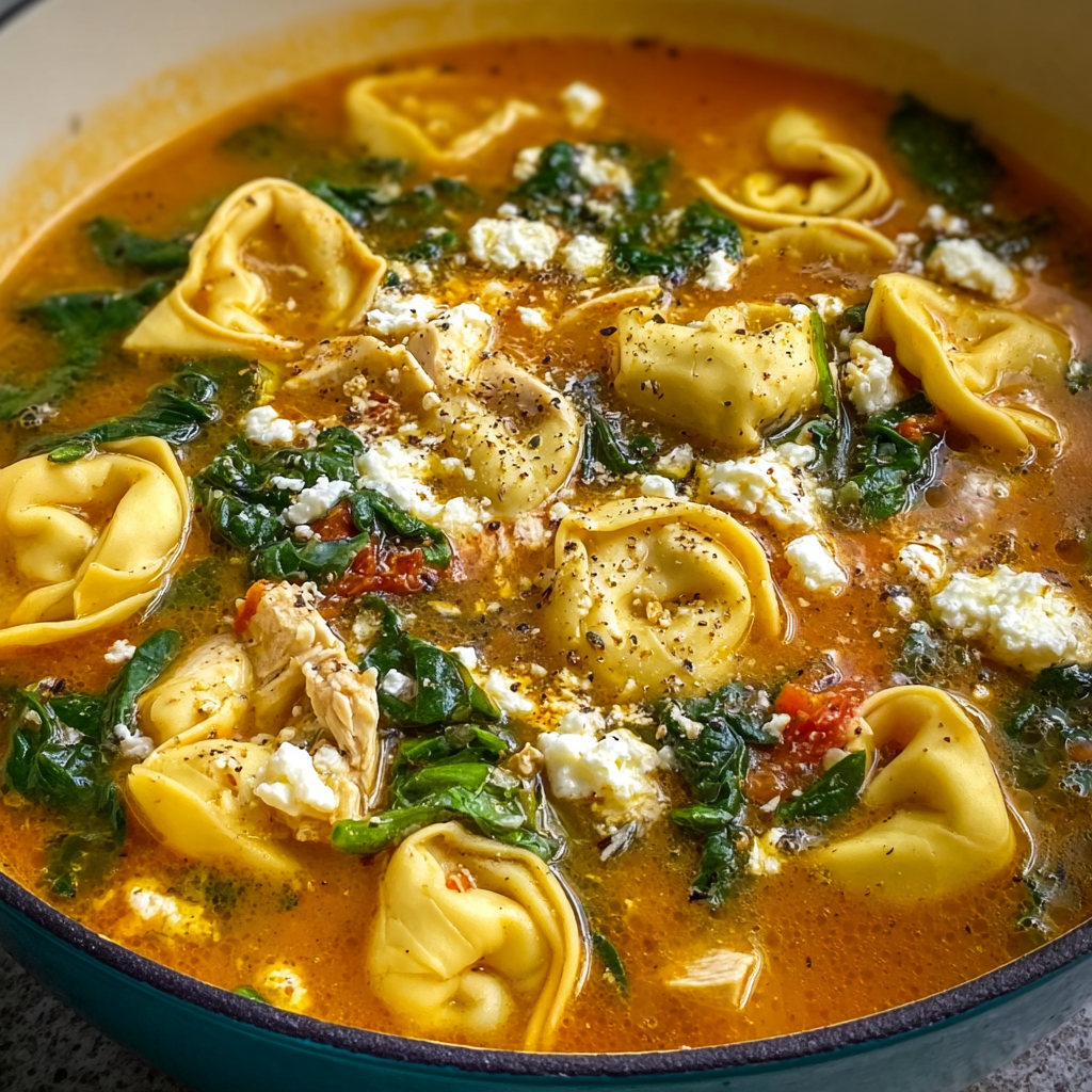 Mediterranean Tortellini Soup with Spinach, Feta, & Chicken