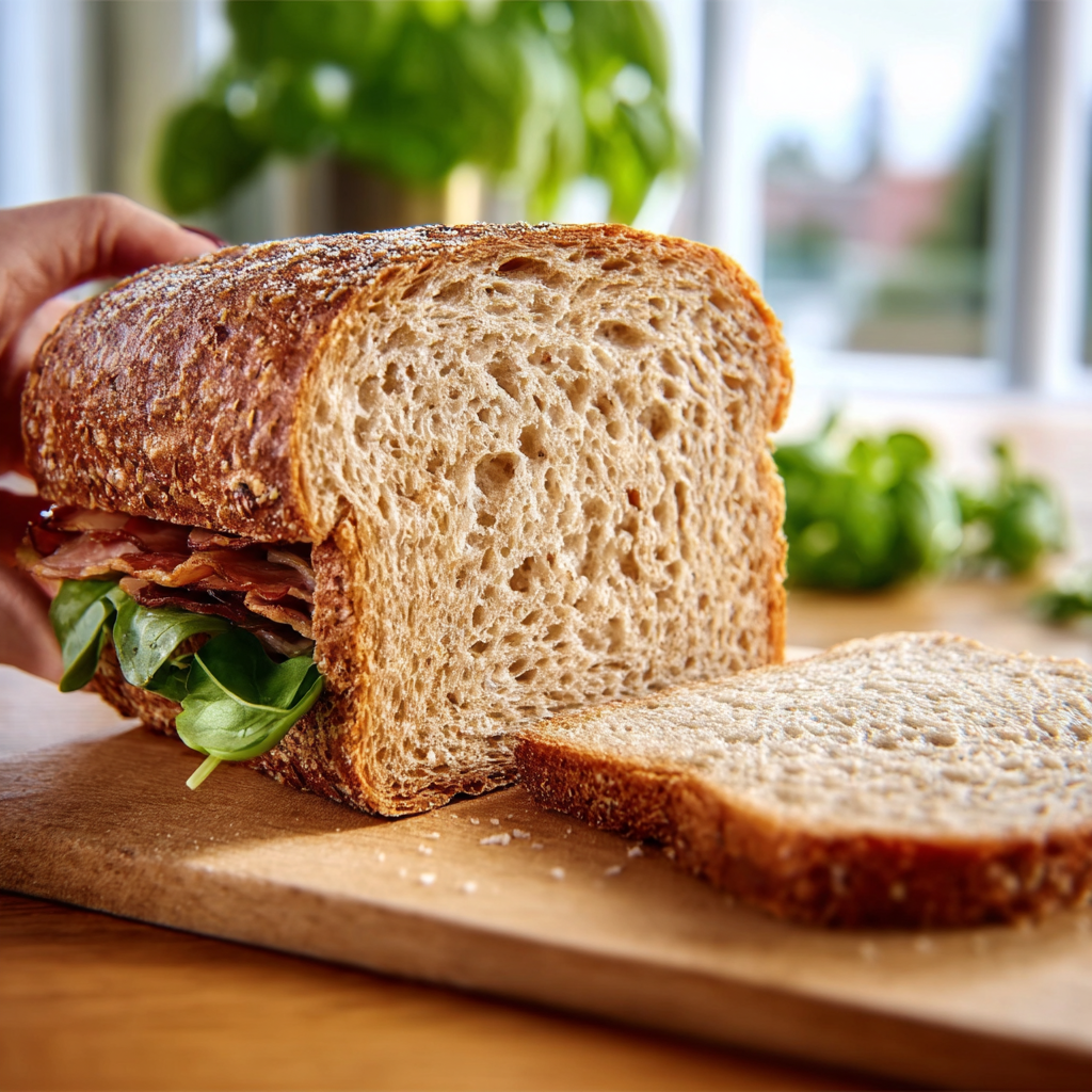 Gluten free bread batter being poured into a greased loaf pan, showing its thick, sticky consistency.