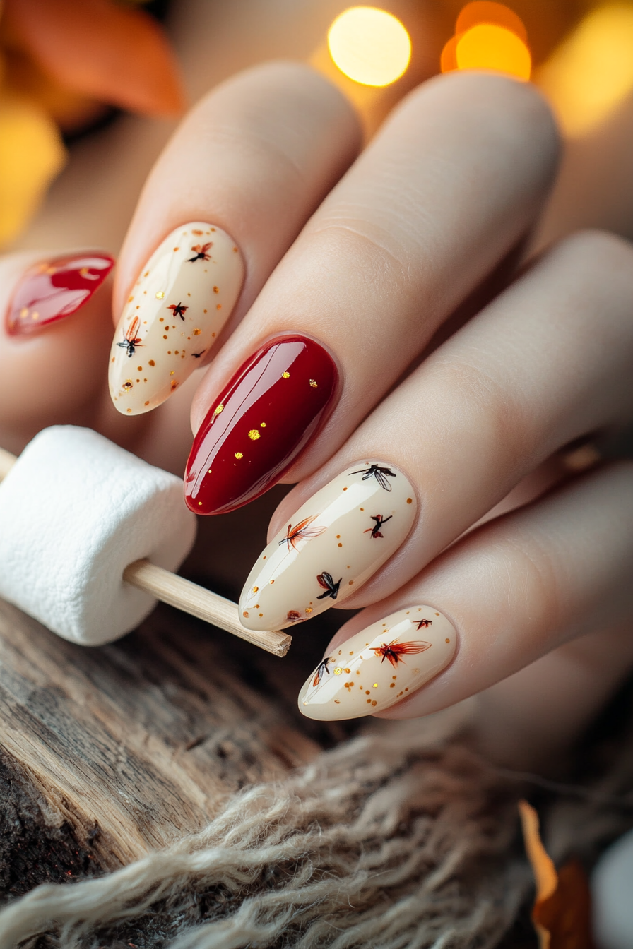 Almond nail designs featuring flame patterns, inspired by summer campfires.