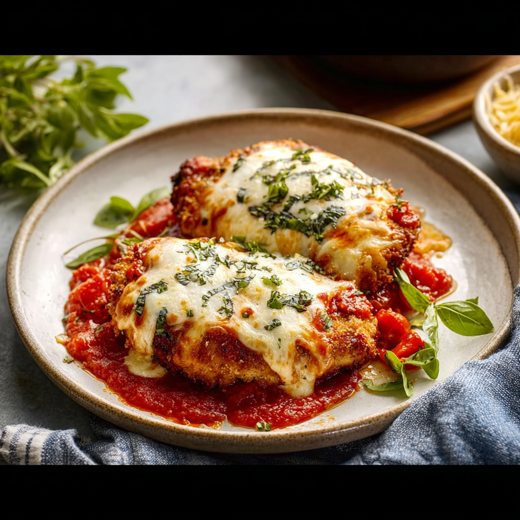 Step-by-step breading process for gluten free chicken Parmesan showing flour, egg wash, and breadcrumb mixture in three bowls
