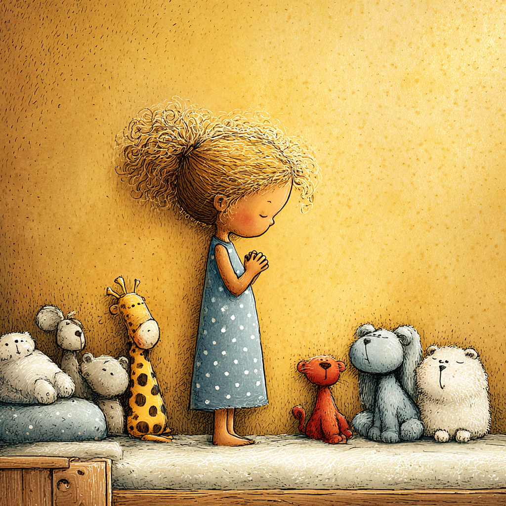 A child stands alone praying in her bedroom. She is surrounded my stuffed animals.