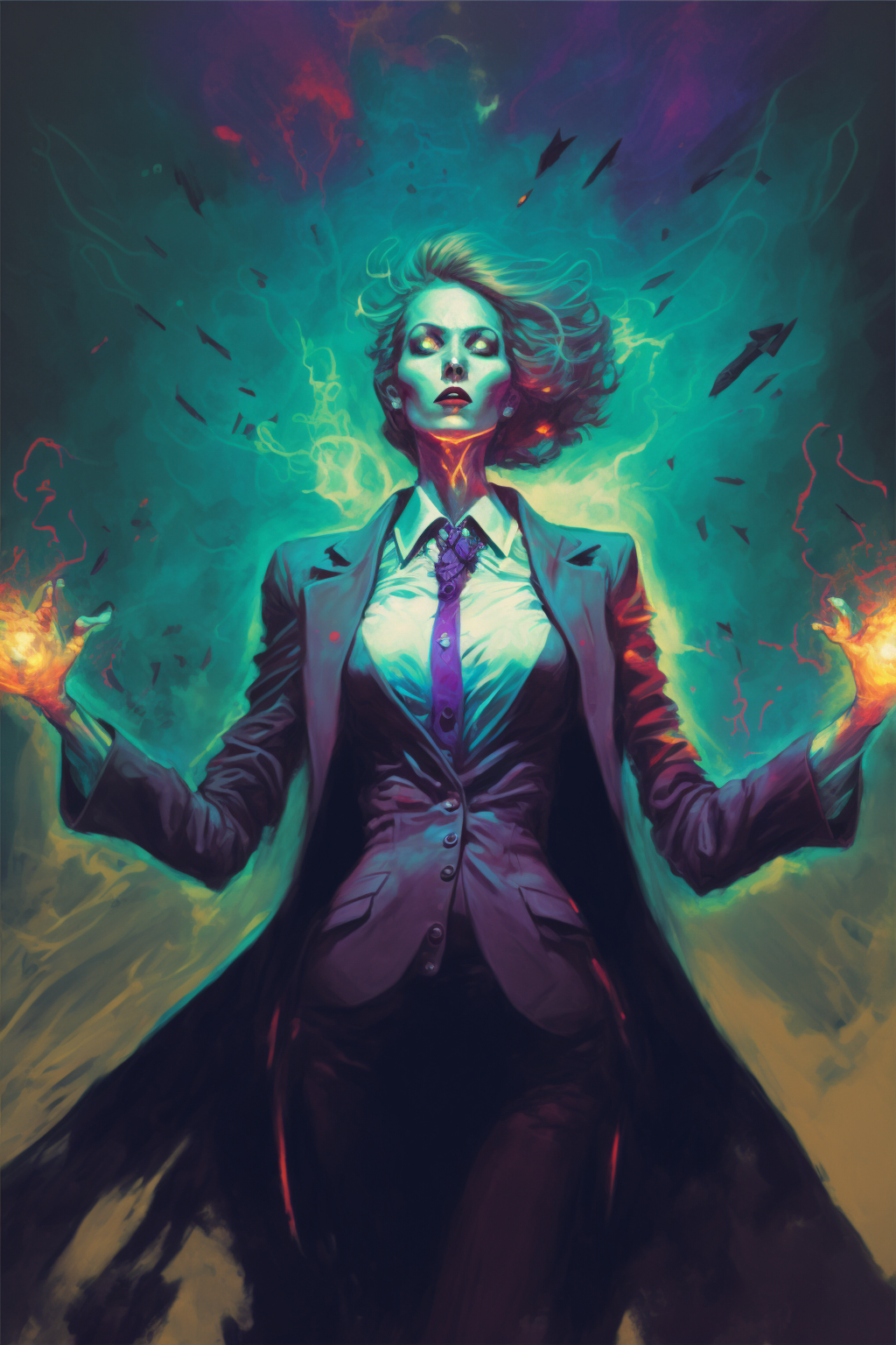 adult woman making powers with the hands, street witch, glowing eyes, beautiful, dressed with an executive suit, cinematic lighting, dynamic angle, zdislav beksinski, Boris Vallejo style, Yoji Shinkawa, desaturated colors, impressionist, oil painting,