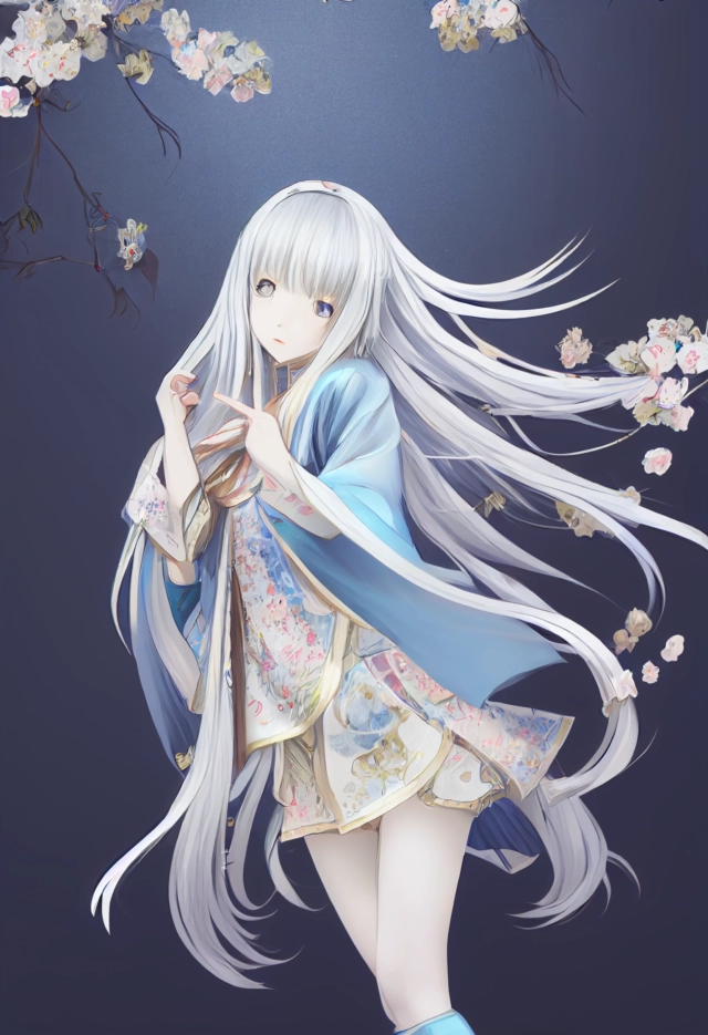 Prompt: beautiful kawaii girl, kawaii, large blue eyes, wavy Medium-long length silver hair, dressed in kimono, exposed shoulders, focus on face, full body, glamorous body, legs, high angle, cygames, shadowverse, painted by mushimaro, game character, line art, thickly painted, hyper angle pose, trending on pixiv, detailed, illustration, natural lighting, recent photograph or photography,