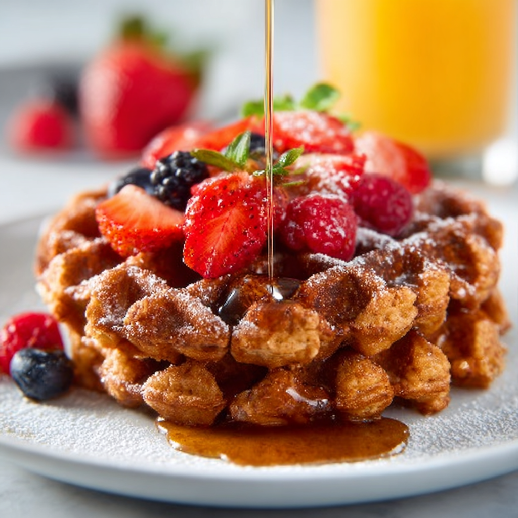 Mixing gluten free waffle batter in a glass bowl with a whisk, showing the smooth, thick texture.